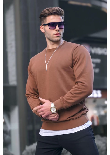 Kahverengi Basic Bisiklet Yaka Erkek Sweatshirt 6047