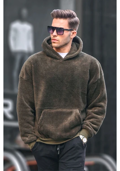 Haki Peluş Kapüşonlu Erkek Sweatshirt 6050