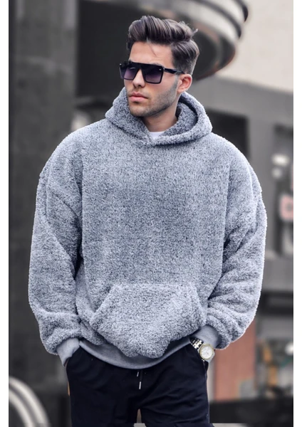 Gri Peluş Kapüşonlu Erkek Sweatshirt 6050