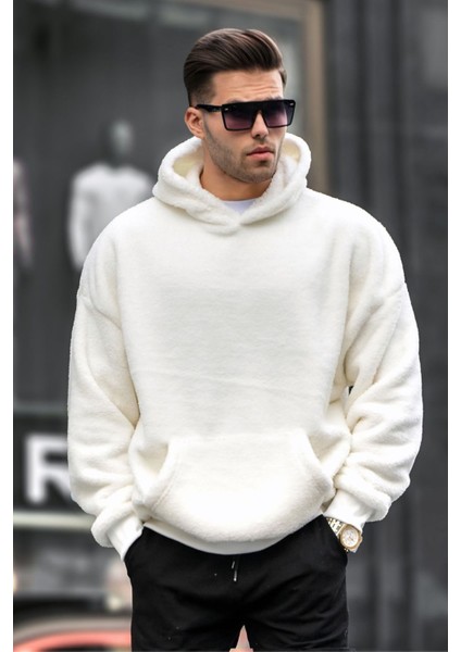 Ekru Peluş Kapüşonlu Erkek Sweatshirt 6050