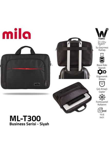 Mıla ML-T300 15.6"  Su Geçirmez ve Fermuar Kumaş Laptop Çantası-Siyah