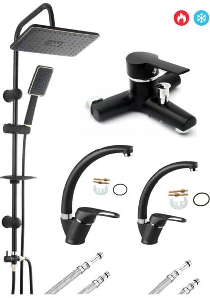 Siyah Robot Tepe Yağmurlama Banyo Mutfak Lavabo Bataryası 4'lü Set