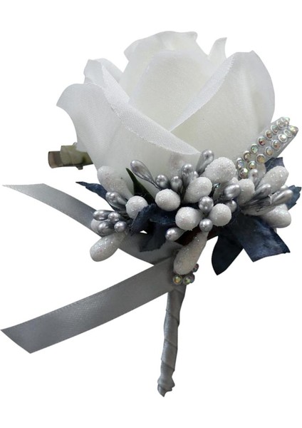 Düğün Boutonniere Buttonhes Damat En Iyi Broş Pin Çiçekler Beyaz ve Gri (Yurt Dışından)