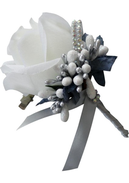 Düğün Boutonniere Buttonhes Damat En Iyi Broş Pin Çiçekler Beyaz ve Gri (Yurt Dışından)