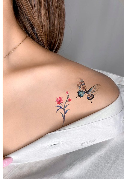 Otantik Kelebek ve Çiçek Dövmesi Mini Tattoo