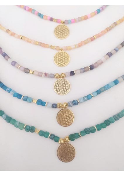 Yaşam Çiçeği Kolye Uçlu Damarlı Akik Doğal Taş Kolye fırsatları