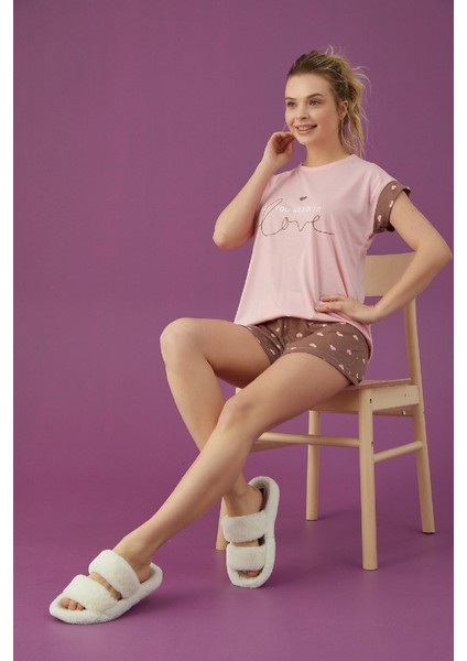 Kadın Şortlu Kısa Kollu Pijama Takımı Desenli