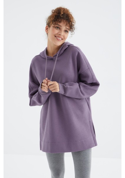 Eflatun Reglan Kol Basic Kapüşonlu Oversize Tunik - 97242