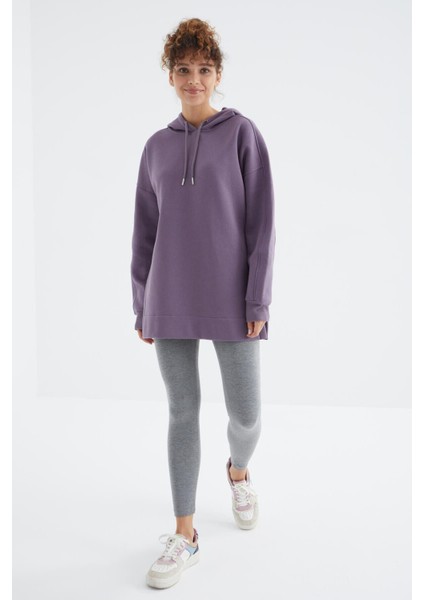 Eflatun Reglan Kol Basic Kapüşonlu Oversize Tunik - 97242