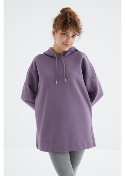 Eflatun Reglan Kol Basic Kapüşonlu Oversize Tunik - 97242