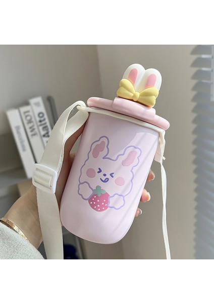 Kawaii Bear Rabbit Vacuum Water Bottle Cute Stainless Steel Thermal Cup With Lid Strap Drinking Cup (Yurt Dışından)