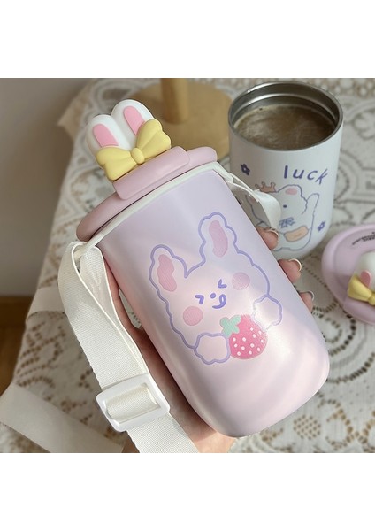 Kawaii Bear Rabbit Vacuum Water Bottle Cute Stainless Steel Thermal Cup With Lid Strap Drinking Cup (Yurt Dışından) modelleri