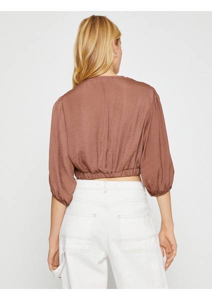 Crop Bluz V Yaka Balon Kollu