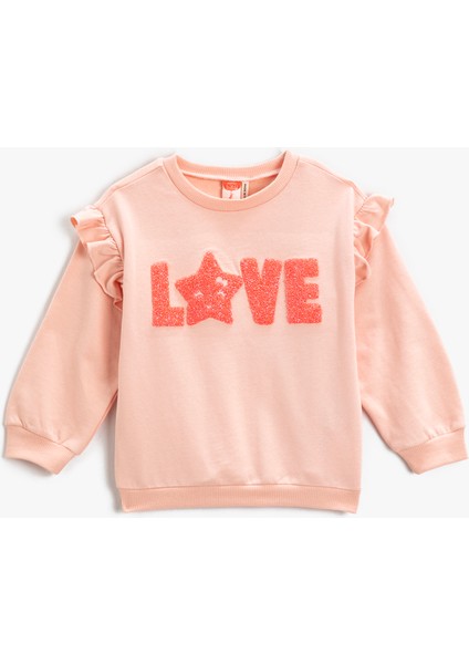 Fırfırlı Sweatshirt Peluş Detaylı Bisiklet Yaka Şardonlu