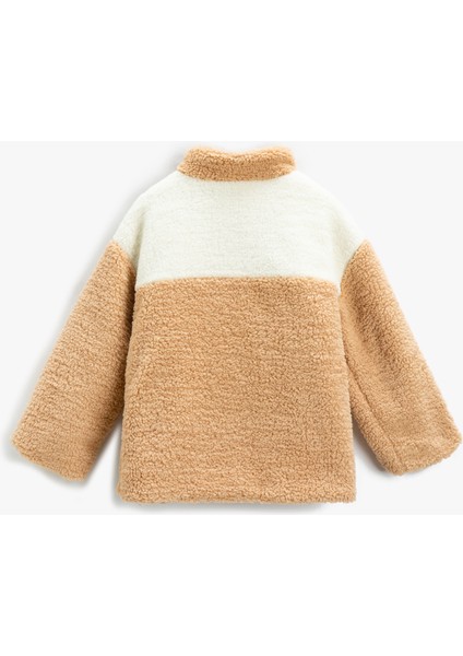 Peluş Ceket Dik Yaka Fermuarlı Cepli Renk Kontrastlı