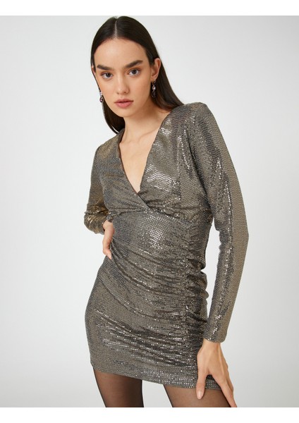 Payetli Abiye Elbise V Yaka Uzun Kollu Drapeli fiyatları