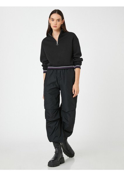 Crop Sweatshirt Yarım Fermuarlı Dik Yaka Çizgi Detaylı fiyatları