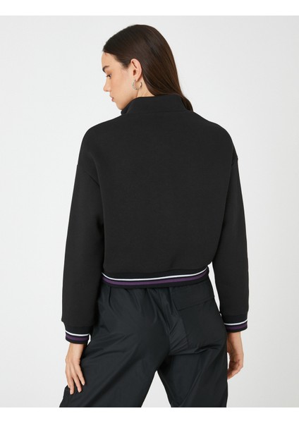 Crop Sweatshirt Yarım Fermuarlı Dik Yaka Çizgi Detaylı fırsatları