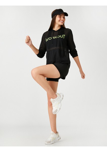 File Spor Tişört Kapüşonlu Kanguru Cepli Slogan Baskılı