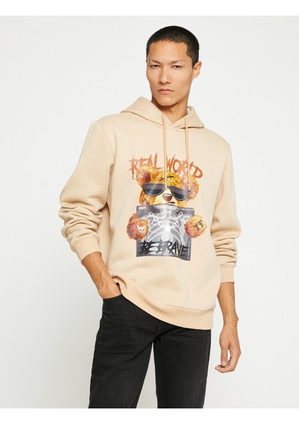 Ayı Baskılı Kapşonlu Sweatshirt Şardonlu