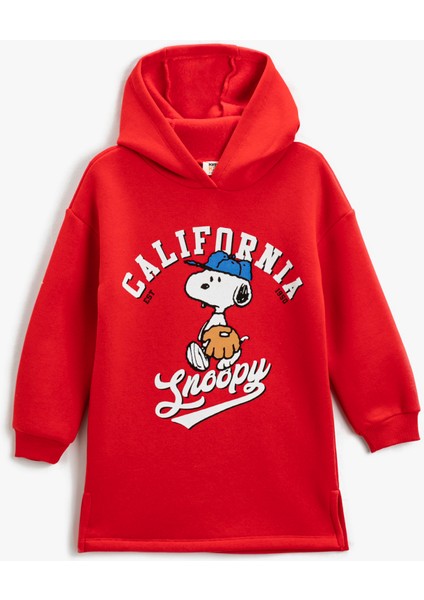 Kapşonlu Midi Elbise Snoopy Baskılı Lisanslı Şardonlu
