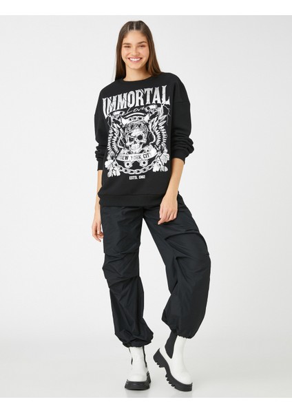 Slogan Baskılı Sweatshirt Uzun Kollu Bisiklet Yaka