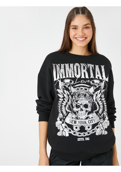 Slogan Baskılı Sweatshirt Uzun Kollu Bisiklet Yaka fiyatları