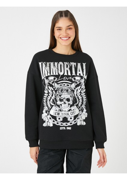 Slogan Baskılı Sweatshirt Uzun Kollu Bisiklet Yaka modelleri