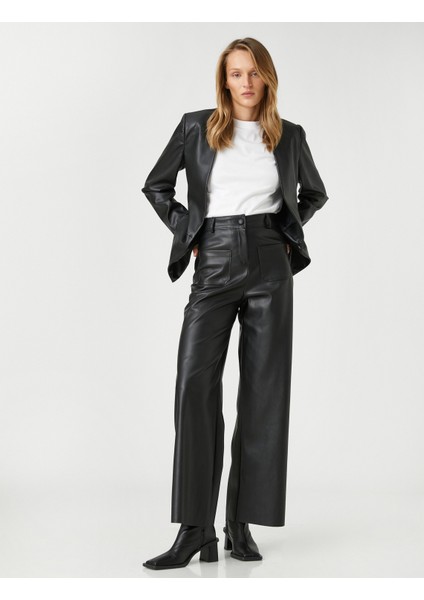 Deri Görünümlü Blazer Ceket Cep Detaylı