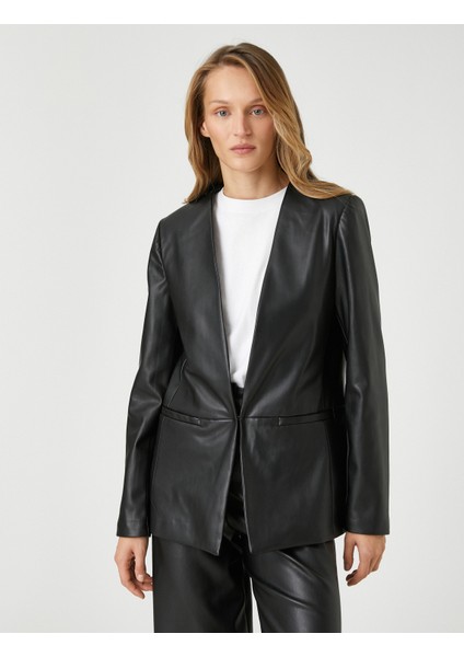 Deri Görünümlü Blazer Ceket Cep Detaylı modelleri
