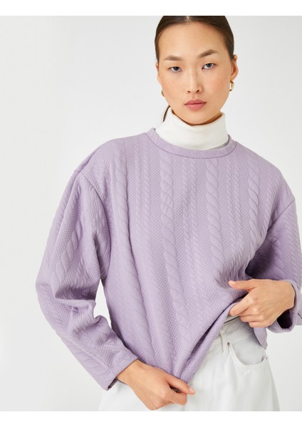 Crop Sweatshirt Örgü Desenli Uzun Kollu