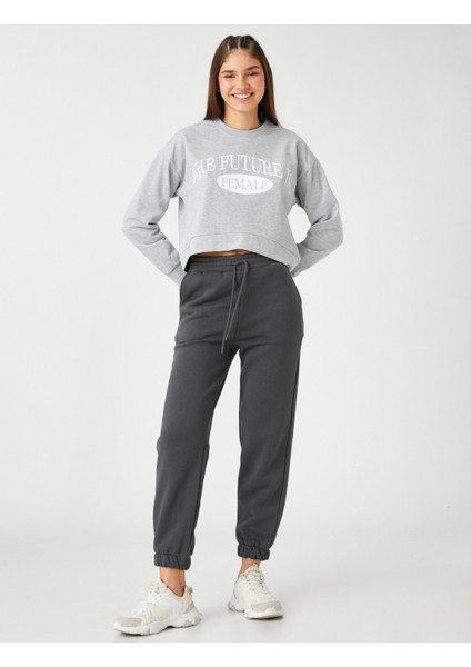 Crop Sweatshirt Baskılı Uzun Kollu Bisiklet Yaka Pamuklu