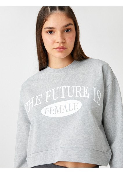 Crop Sweatshirt Baskılı Uzun Kollu Bisiklet Yaka Pamuklu fiyatları