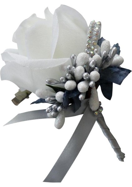 Düğün Boutonniere Buttonhes Damat En Iyi Adam Takım Gül Broş Çiçekleri Beyaz ve Gri (Yurt Dışından)