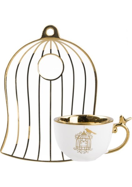 Beyaz Altın Kuş Kafesli Tek Kişilik Türk Kahvesi Fincanı