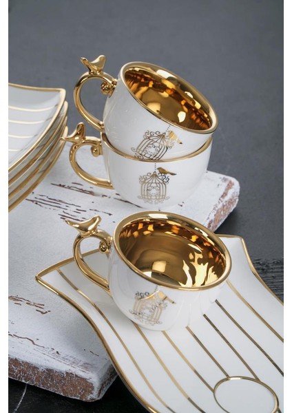 Beyaz Altın Kuş Kafesli Tek Kişilik Türk Kahvesi Fincanı modelleri