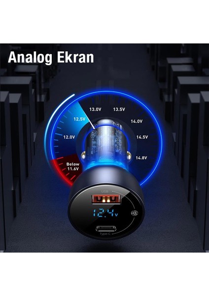 65W Digital Göstergeli Araç Içi Şarj Başlığı, 1x Pd Type C ve 1x USB Girişli Akım Korumalı