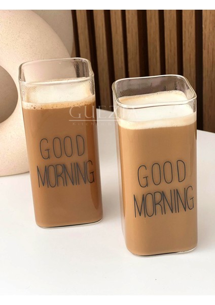 Isıya Dayanıklı Borosilikat Dikdörtgen Bardak | Kahve Bardağı | Good Mornıng 400 ml | 2 Adet