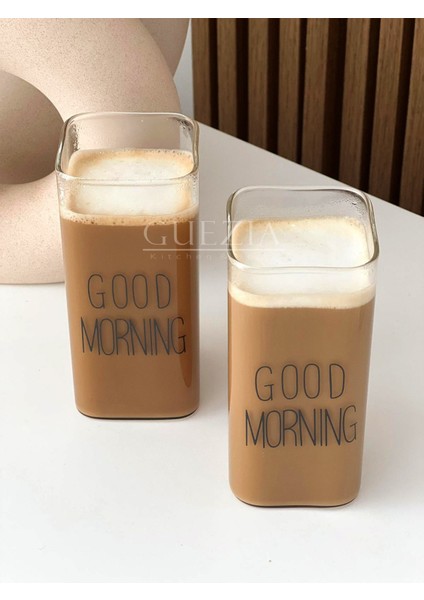 Isıya Dayanıklı Borosilikat Dikdörtgen Bardak | Kahve Bardağı | Good Mornıng 400 ml | 2 Adet