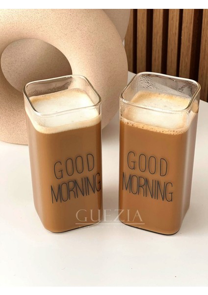 Isıya Dayanıklı Borosilikat Dikdörtgen Bardak | Kahve Bardağı | Good Mornıng 400 ml | 2 Adet