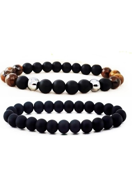 Kaplan Gözü - Hematit - Oniks Ikili Erkek Doğal Taş Bileklik modelleri