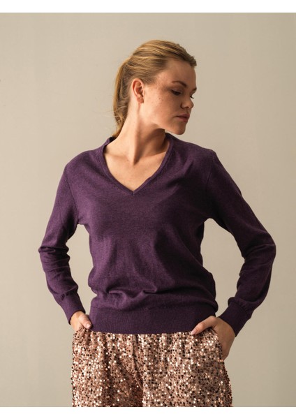 Kadın Mor Regular Fit Basic Kazak modelleri