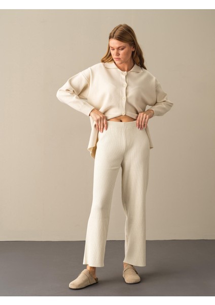 Kadın Ekru Oversize Triko Pantolon