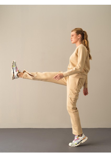 Kadın Bej Kargo Cep Sweat Pantolon