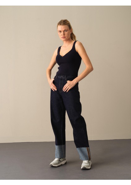 Kadın Lacivert Slim Fit Triko Basic Atlet