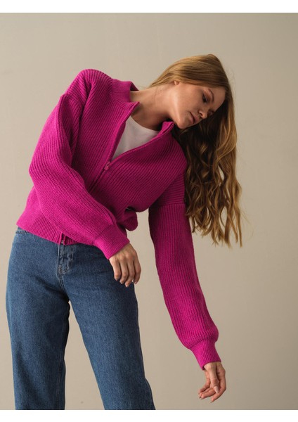 Fuşya Pamuklu Oversize Hırka