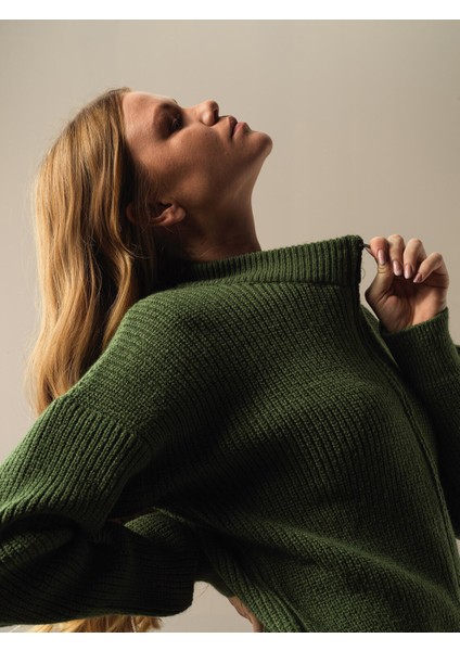 Kadın Yeşil Pamuklu Oversize Hırka