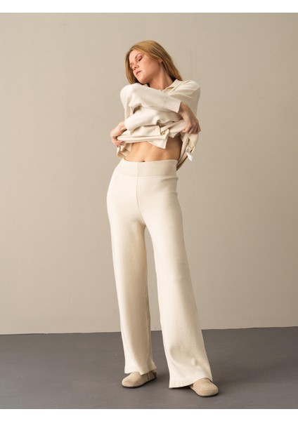 Kadın Ekru Regular Fit Triko Pantolon