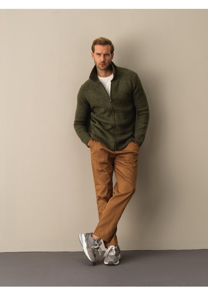 Erkek Haki Polo Yaka Regular Fit Hırka