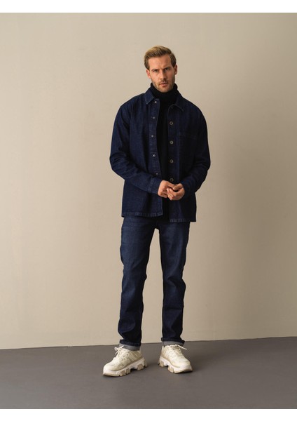 Erkek Lacivert Regular Fit Denim Gömlek Ceket